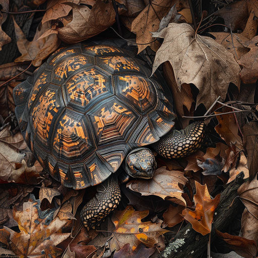 Texas tortoise among autumn leaves in dense forest