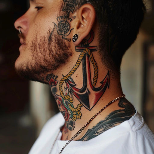Side neck tattoos with an anchor and ropes