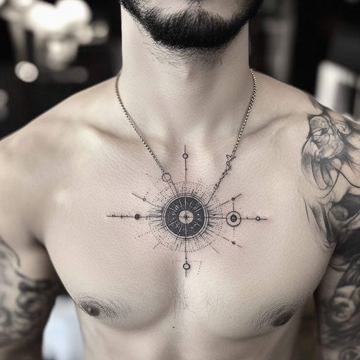 Small chest tattoos for men with cosmic designs, in the style of Humberto Ramos