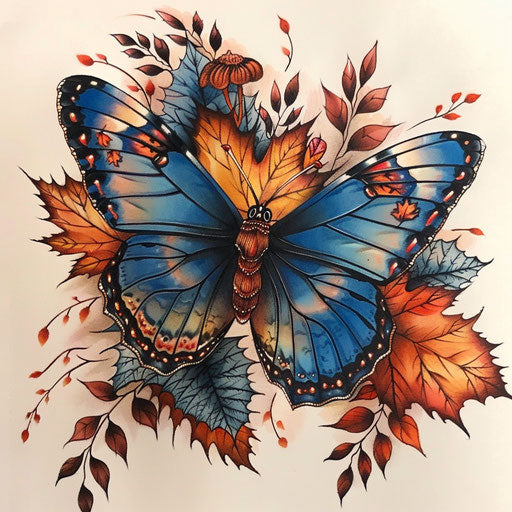 Blue butterfly with autumn leaves and warm colors