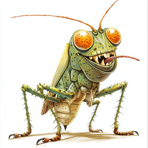 Humorous portrayal of a grasshopper with human features