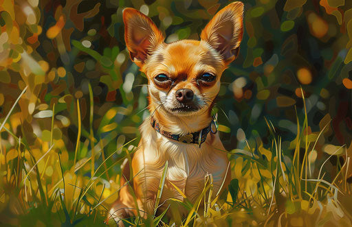 Chihuahua sitting on grass in summer, photo-realistic hyperbole style
