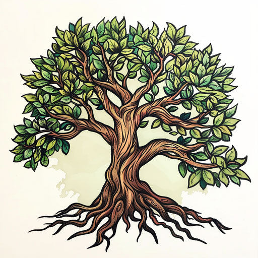 Flat tattoo sketch of a tree of life with lush green leaves and sturdy brown trunk