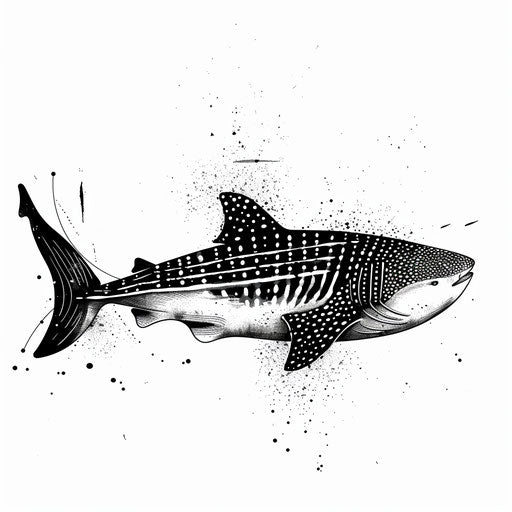 Contemporary flat tattoo sketch of a whale shark with minimalist black and white stripes