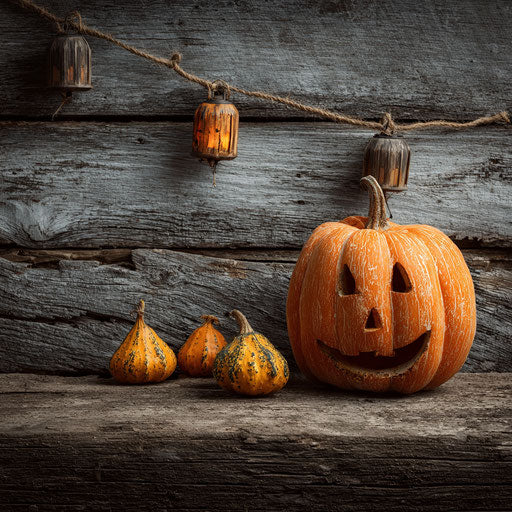 A Festive Halloween Display with Pumpkin and Lanterns