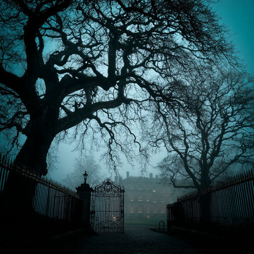 An Old Mansion Emerge in Fog with a Black Gate