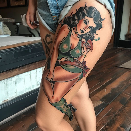 Vintage pin-up girl thigh tattoo in Sailor Jerry style