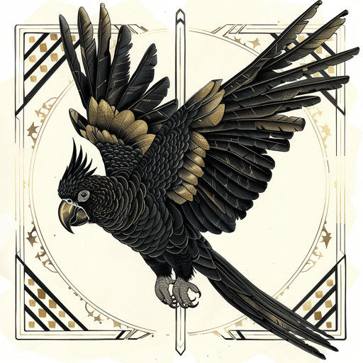 Art deco inspired tattoo sketch of a yellow-tailed black cockatoo
