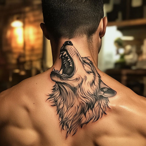 Men's back tattoo in Humberto Ramos style with wolf
