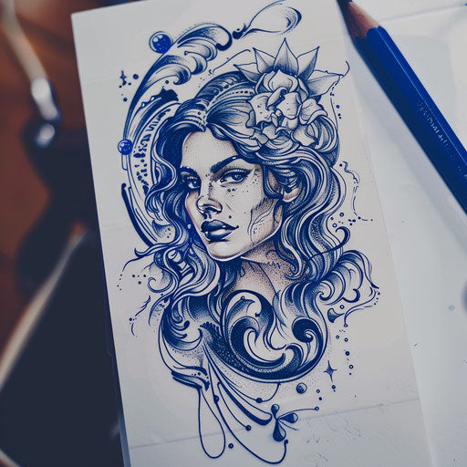 Nautical tattoo sketch with Aphrodite and ocean waves