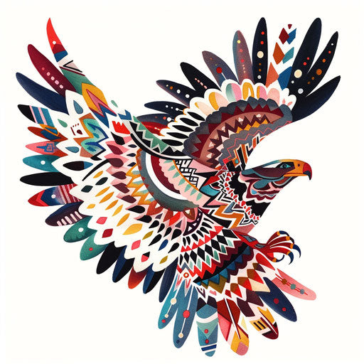 Folk art eagle tattoo, colorful patterns, simple shapes