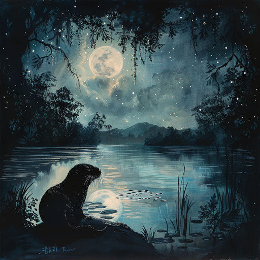 Magical night scene with an otter silhouetted