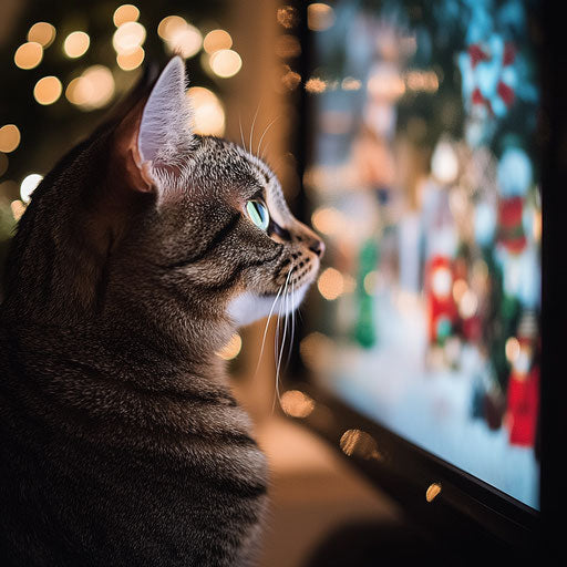 Cat watching a Christmas movie on television