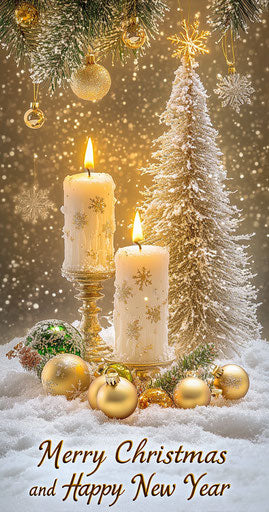 Christmas candles, decorations, snow, golden fantasy art
