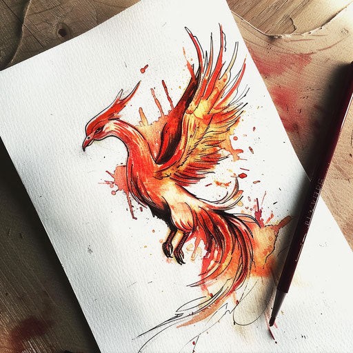 Watercolor sketch of a phoenix rising from flames, metaphor for resilience