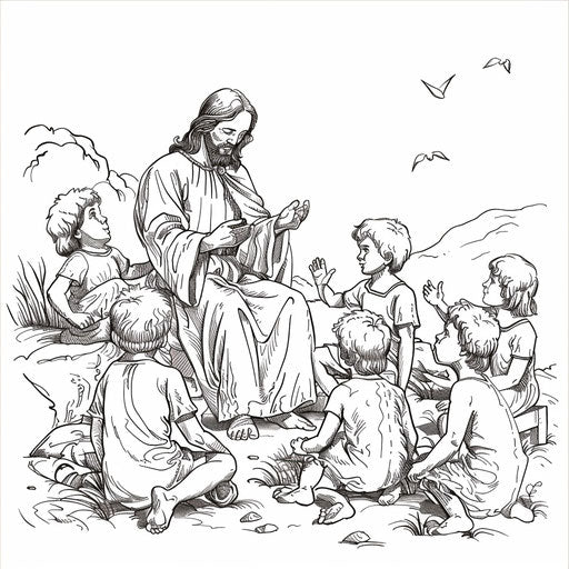 Jesus with children - Coloring book page