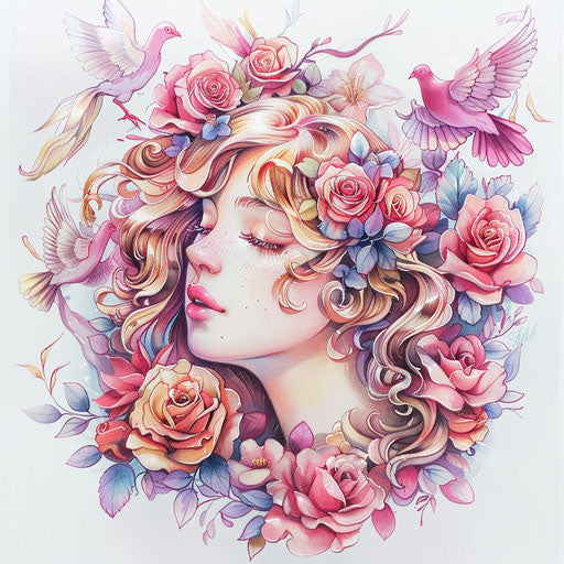 Goddess of love surrounded by roses and doves in watercolor