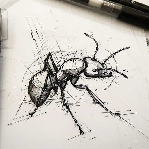 Dynamic sketch of an ant in motion with abstract lines