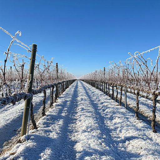 Winter vineyard under rime ice, clear blue sky