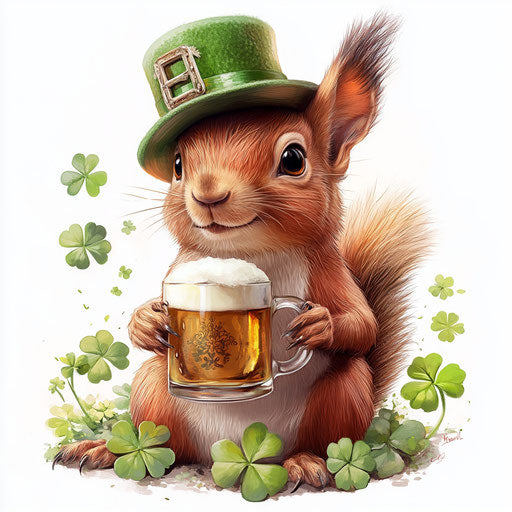 St. Patrick's Day squirrel with hat, beer mug, and clovers