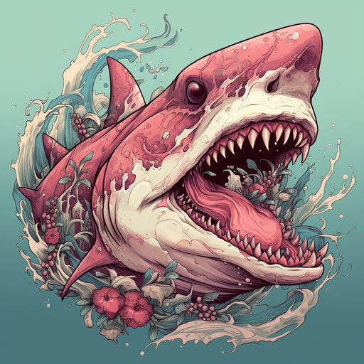 Shark eating pink meat, classic tattoo style, colorful art