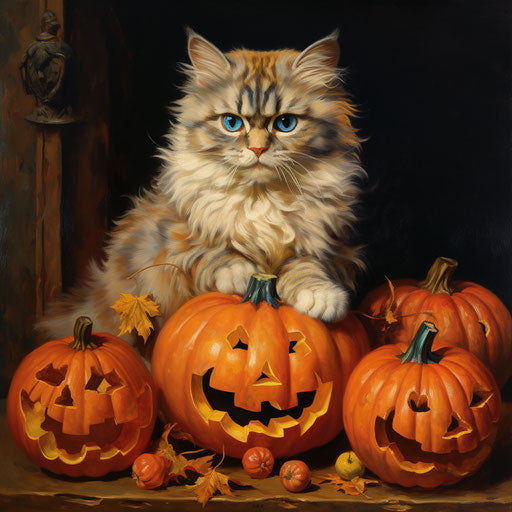 Cat resting with pumpkins