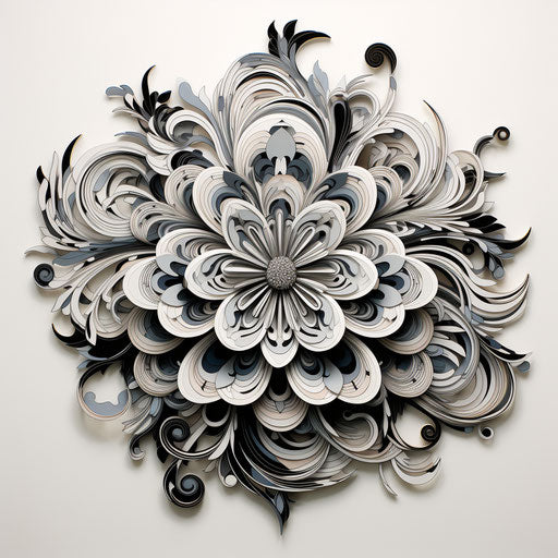 Black and white flower on white background, Woodring style, multi-layered geometry, swirling colors