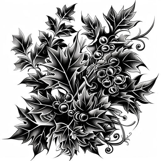 Blackwork tattoo illustration of Holly, complex patterns