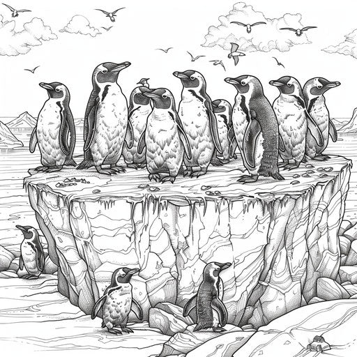 Detailed illustration of penguin colony on iceberg, coloring book page.