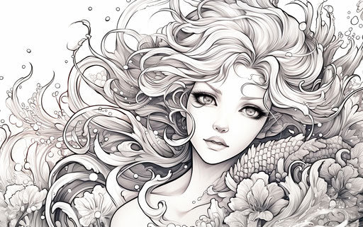 Mermaid coloring page, in the style of detailed ink, whimsical manga