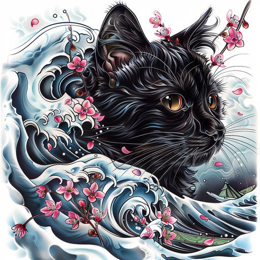 Traditional Japanese black cat tattoo with waves and cherry blossoms