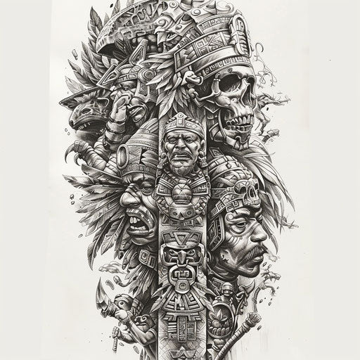 Sketch of ancient Aztec symbols and warriors tattoo