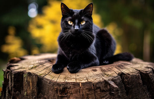 Black cat on old wood stump, wiccan style, distinct features, provia photo