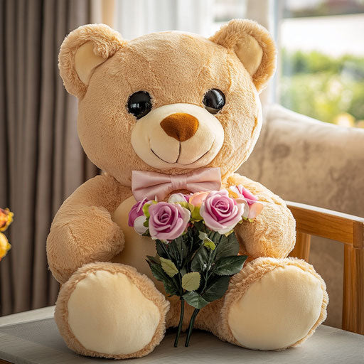 Cute teddy bear holding roses in its hands