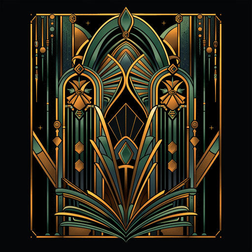 Art Deco t shirt logo design with a luxurious background, rich colors