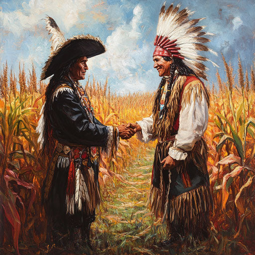 Native American chief and Pilgrim leader shaking hands in front of large cornfield