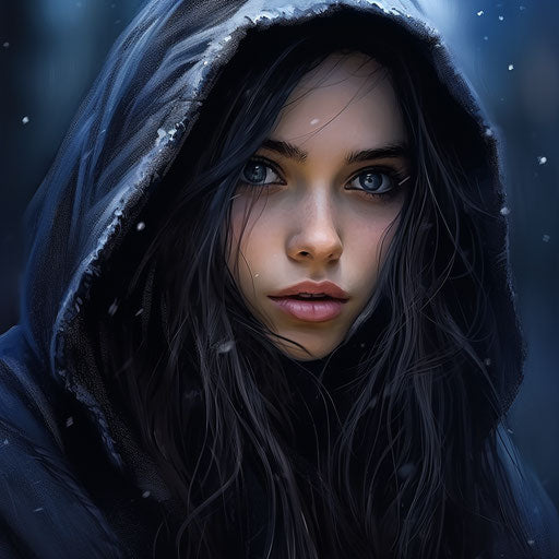 Girl with long dark hair and blue eyes with white hood