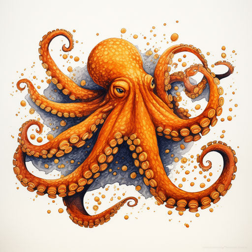 Orange octopus with black tentacles in detailed crosshatching style