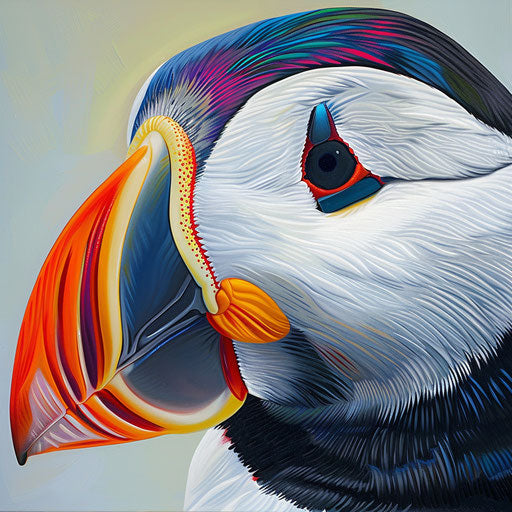 Beautiful close-up of a puffin bird's colorful beak, Vincent Munier style