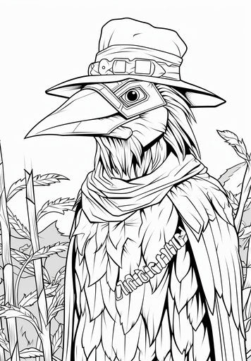 Scarecrow coloring page with a bird on his head