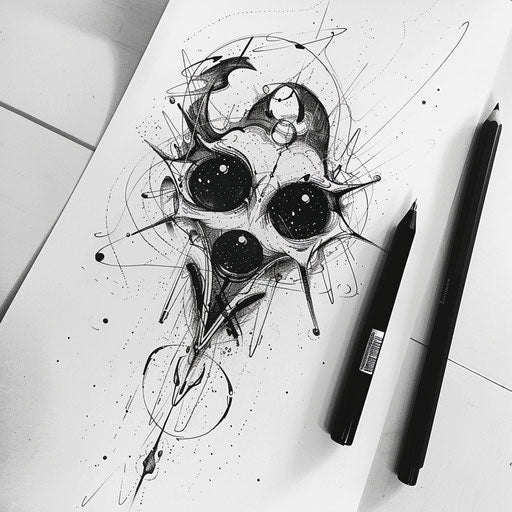 Surreal flat tattoo sketch of a shinigami with cosmic eyes