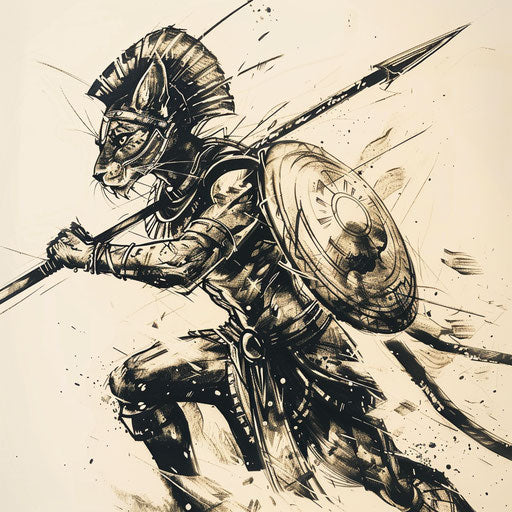 Dynamic flat tattoo sketch of Bastet in battle with a spear and shield