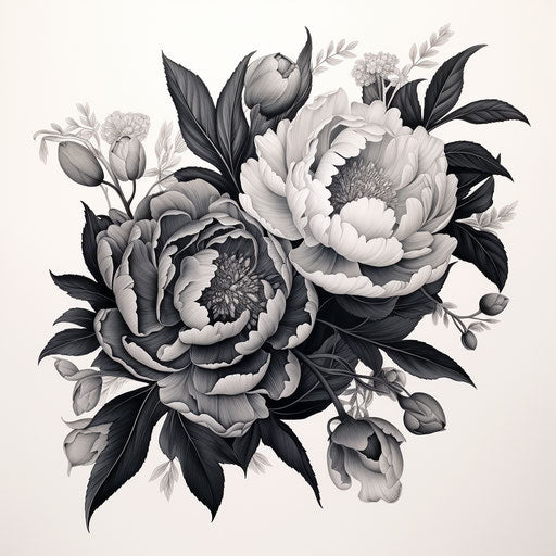 Black and white drawing of peonies in classic tattoo style