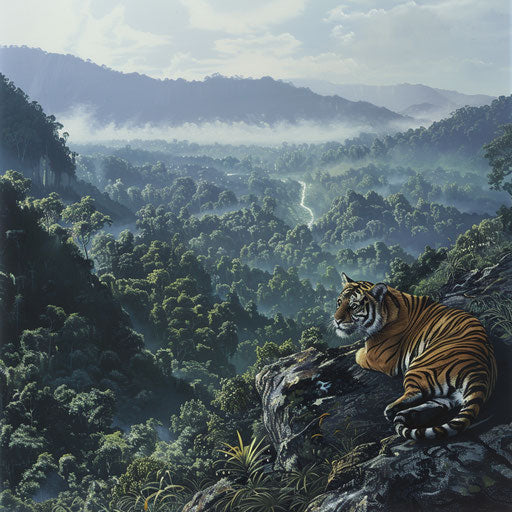 Tiger overlooking tropical valley