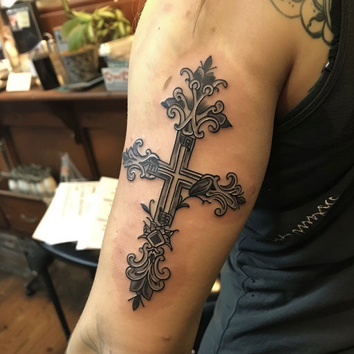 A strength cross tattoo with the word strength written along the shaft of the cross