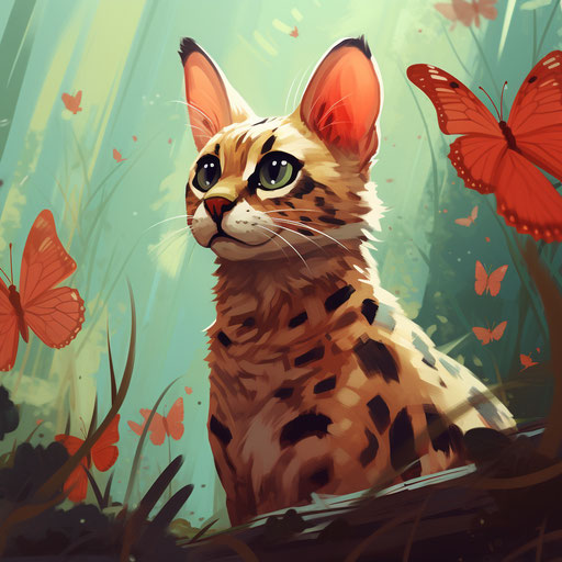 A serval cat staring at an insect