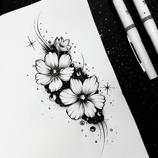 Galactic tattoo sketch of cosmos flowers against starry night sky