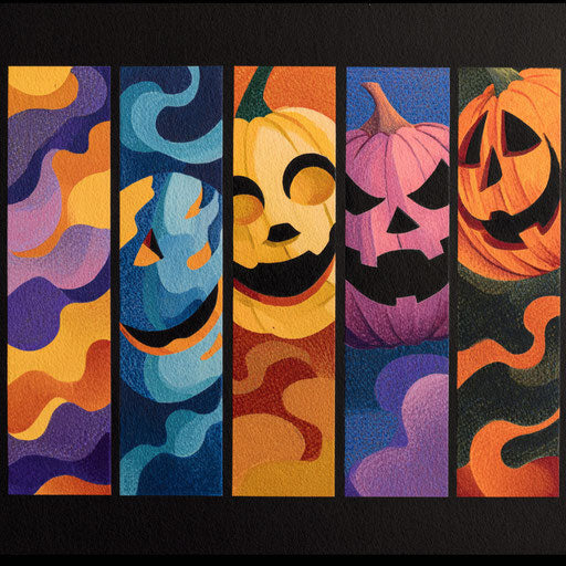 Five panels featuring distinct jack-o'-lantern designs