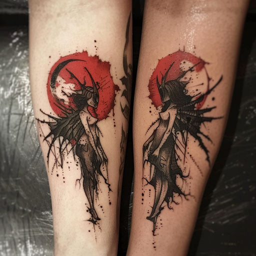 Matching best friend tattoos in the style of Gerald Brom with dark fairies