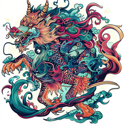 Mythical qilin creature tattoo, mystical colors on white background